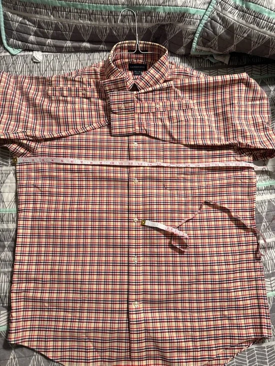 Lands' End Men’s Red and Blue Plaid Button-Down Oxford Shirt - 100% Cotton - Picture 6 of 8
